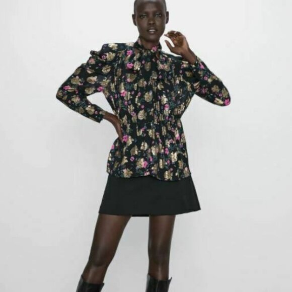 Zara Blouse Shirt XS Tied V-Neck Black Floral - Picture 2 of 7